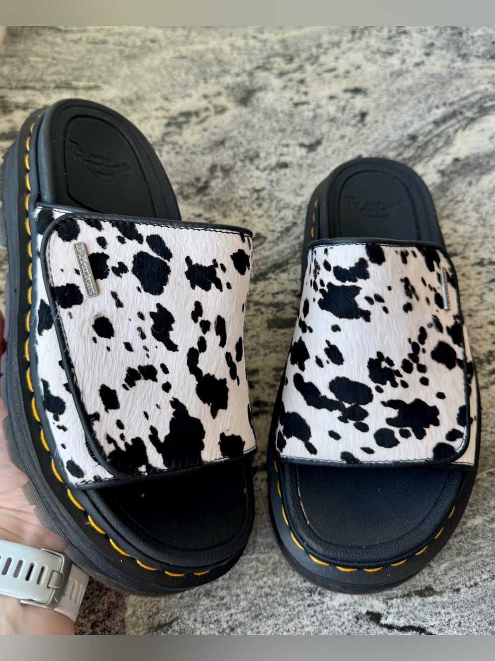 Dr. Martens Zebzag Dalmatian Hair-On Leather Platform Slides. L 8. EUC.